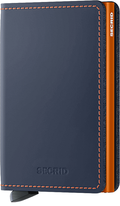 Front view image of slimwallet-matte-nightblue-orange wallet