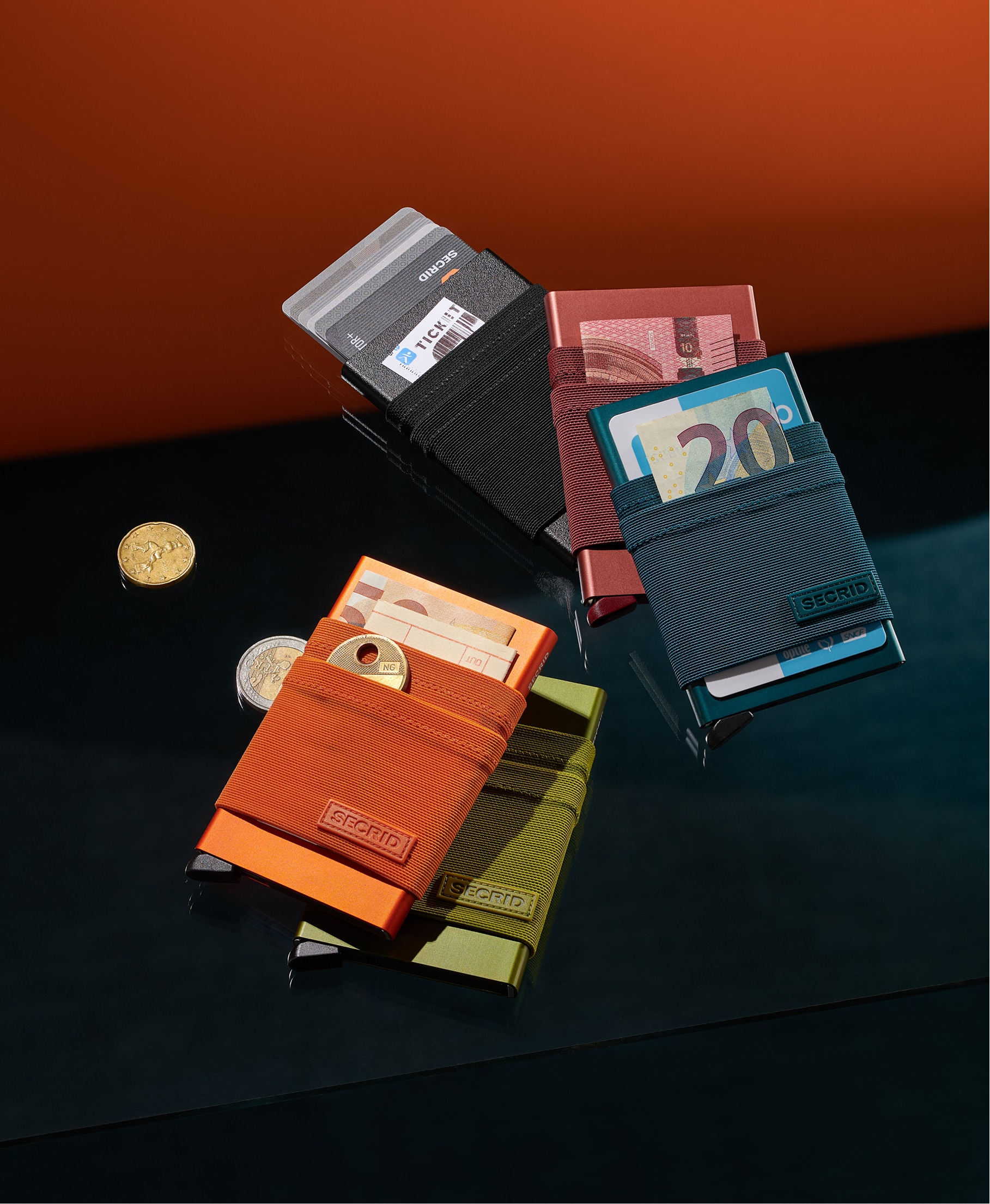 flexwallet orange teal black mauve green